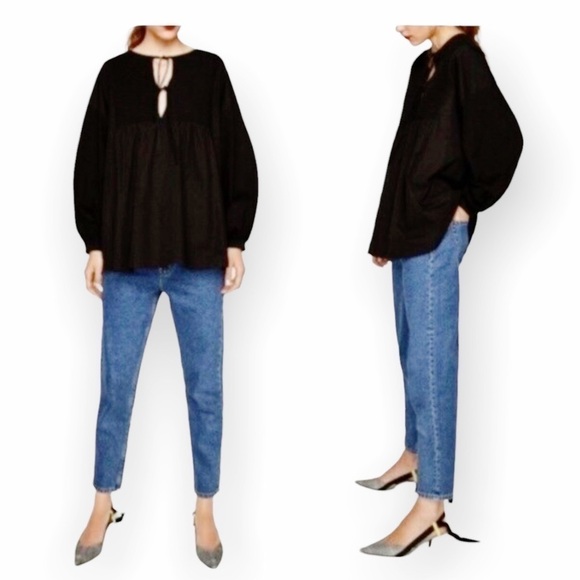 NWT ZARA Black Tie Front Peasant Tunic Top size S - Picture 3 of 8